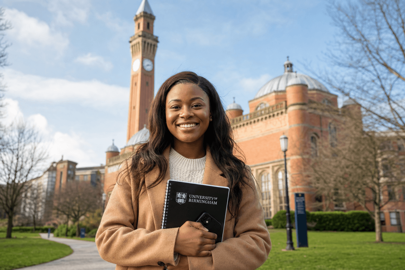 Smiling Nigerian student standing in front of the University of Birmingham clock tower