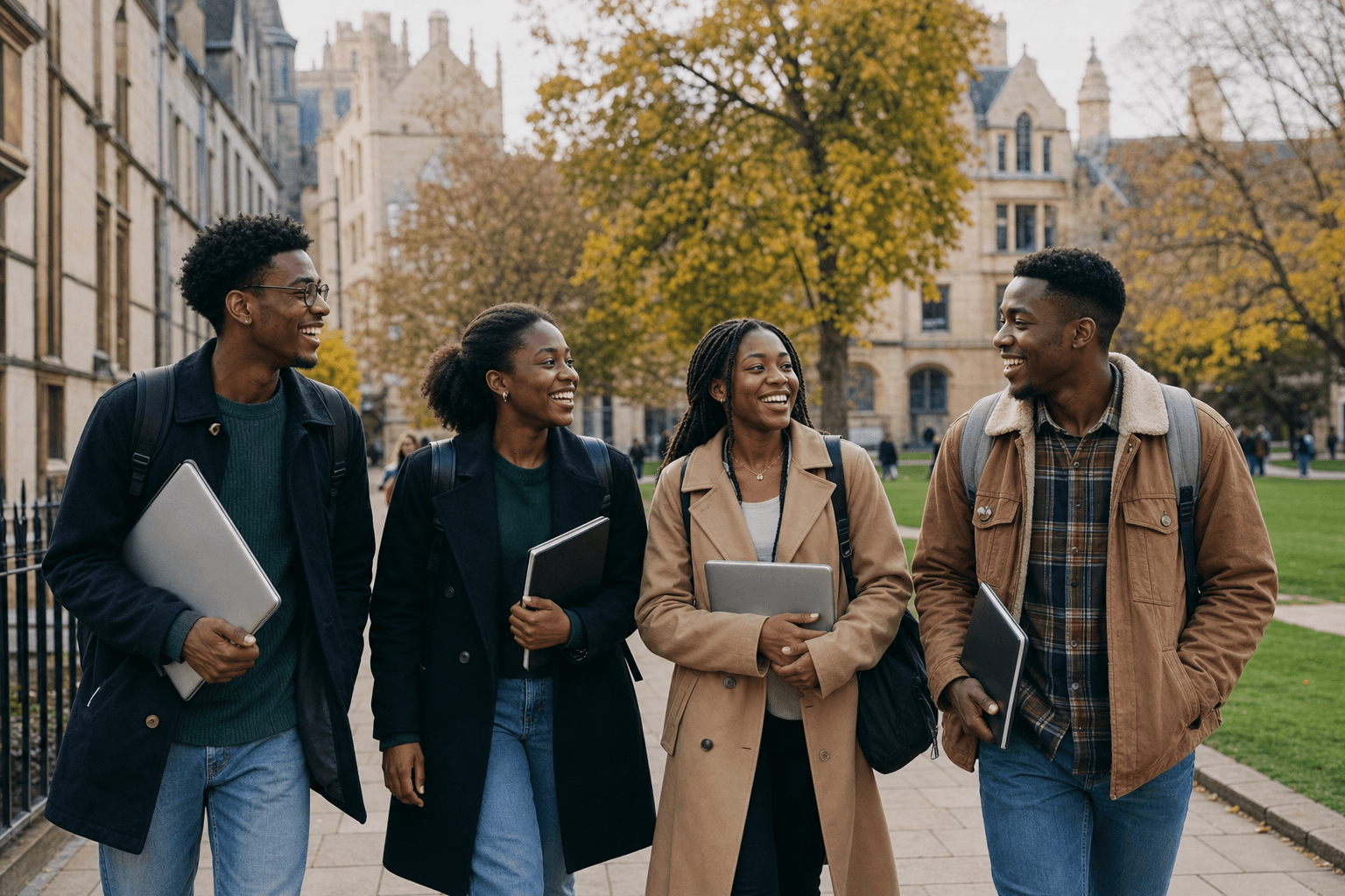 Nigerian students walking together on a UK university campus