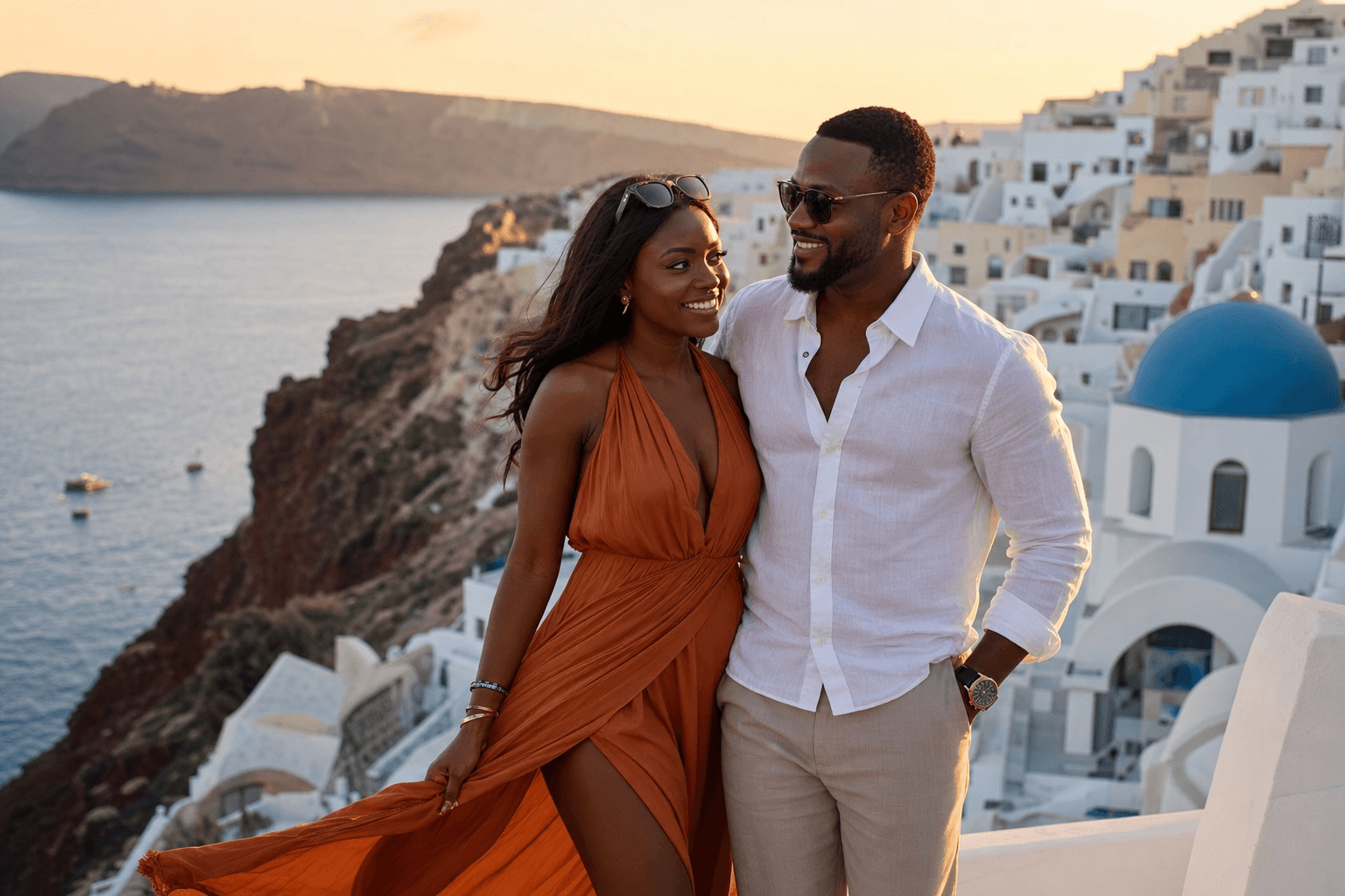 Nigerian couple in stylish travel outfits standing on the Santorini cliffs at sunset
